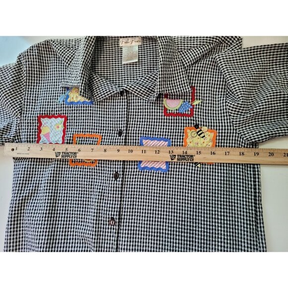 Vtg Bobbie Brooks Womens Black Gingham Short Sleeve Button-Up Shirt M Patchwork - Picture 4 of 12